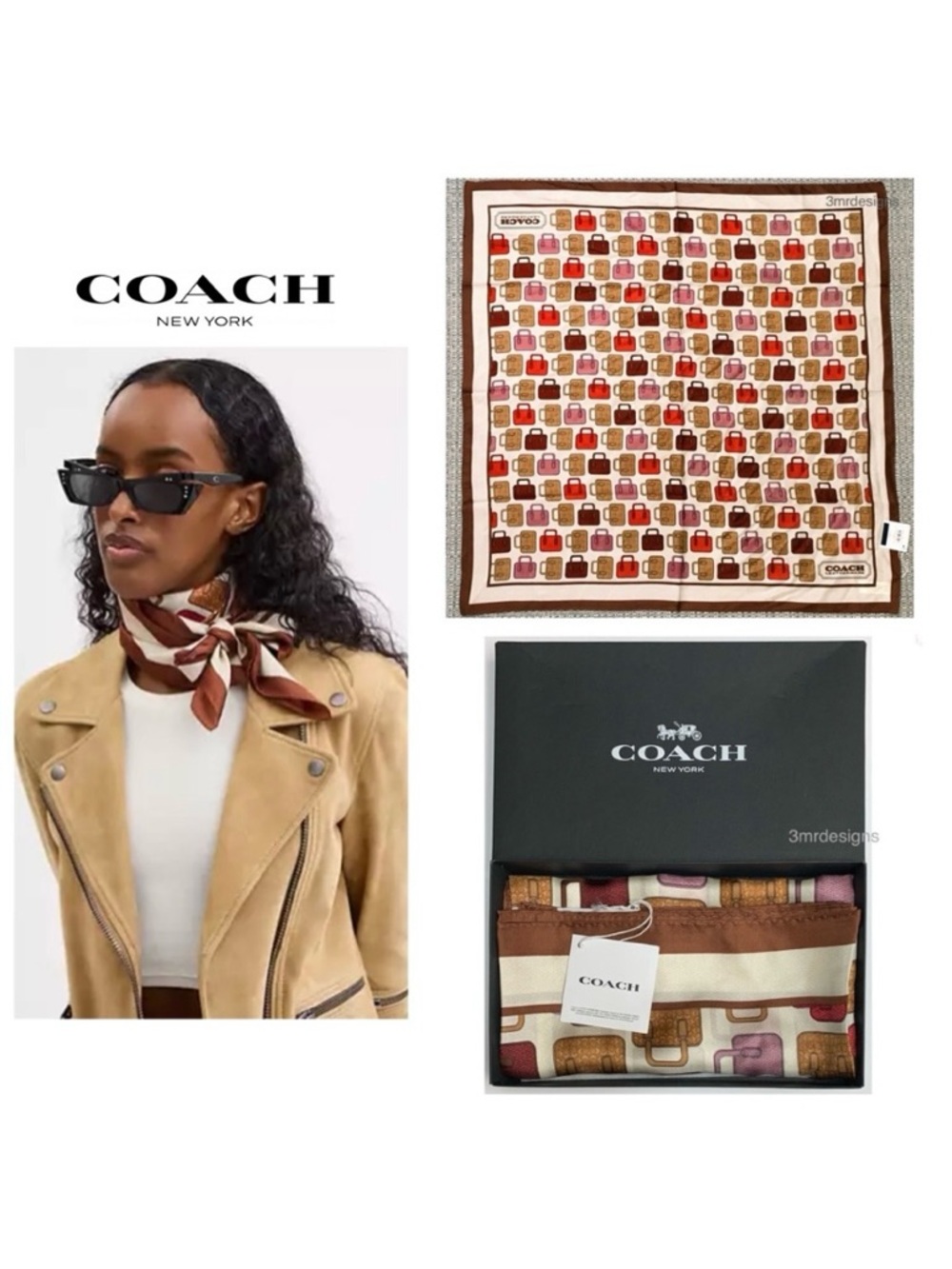 NWT COACH Trompe L’Oeil Bag Print 100% Silk Hand Roll Large Square Scarf